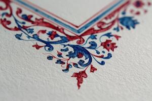 Ornate floral border in blue and red ink with intricate swirling patterns on textured paper, creating an elegant and artistic design. Emphasis on decorative details and craftsmanship photo