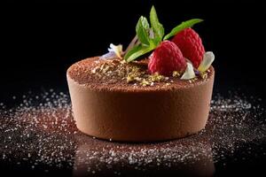 Chocolate dessert garnished with fresh raspberries, mint leaves, and edible flowers sits elegantly, dusted with powdered sugar and cocoa, creating a gourmet presentation photo