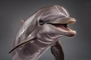 Portrait of a dolphin with a shiny texture and open mouth, depicting its distinctive features. The soft lighting enhances its smooth skin and playful expression photo