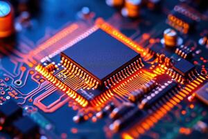 Close-up of a microchip on a circuit board, glowing with orange and blue lights, showcasing intricate patterns and tiny components, symbolizing advanced technology and innovation photo