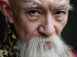Elderly man with intense gaze, prominent white eyebrows, and long beard, draped in intricately patterned garment. The close-up emphasizes facial wrinkles and expression lines photo