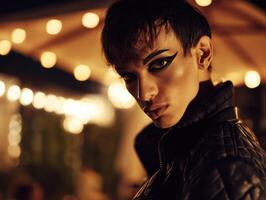 Young individual with dramatic eye makeup, wearing a dark jacket. Bokeh lights create a warm, blurry background, enhancing the mysterious, edgy atmosphere of the scene photo