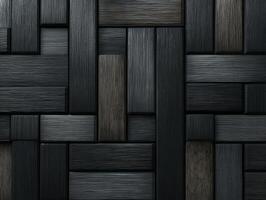 Intricate wooden texture pattern composed of interlocking rectangular and square dark planks, showcasing a variety of shades and polished finishes with subtle reflections photo