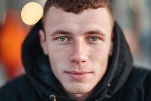 Young man with short curly hair wearing a black hooded jacket, looking directly at the camera with a subtle smile and blurred bokeh background of warm soft lights photo