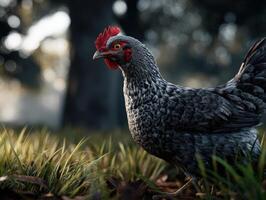 Close-up of a speckled hen with a red comb standing on grass in a shaded outdoor area. The chicken's feathers have a detailed pattern, and soft light filters through nearby trees photo