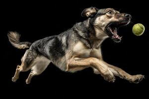 Dog mid-leap with mouth open, focused on catching a green tennis ball. The dog's fur is a mix of black, brown, and white, creating a dynamic action scene of playfulness and agility photo