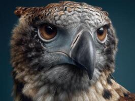 Close-up of a majestic bird of prey with piercing eyes and a sharp beak. The detailed feathers are a mix of brown and white shades, accentuating the bird's intense expression photo