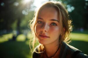 Young woman with gentle features, backlit by sun creating soft, warm glow around her blonde hair. Outdoor setting in a park with greenery and blurred background. Expression is calm and serene photo