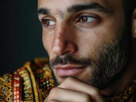 Thoughtful man with a beard gazes into the distance, resting his chin on his hand. He wears a colorful, patterned garment. The lighting highlights the texture of his skin and facial hair photo