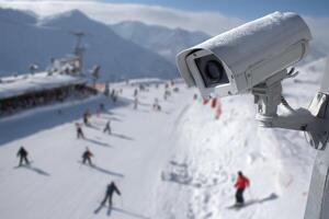 Security camera covered in snow overlooks a busy ski slope with various skiers enjoying a snowy day. Blurred background features snowy mountains under an overcast sky photo