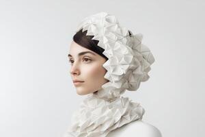 Profile of a woman wearing an intricate, origami-inspired white headdress and matching neckpiece. Her expression is serene, and the geometric design adds a futuristic touch to her attire photo