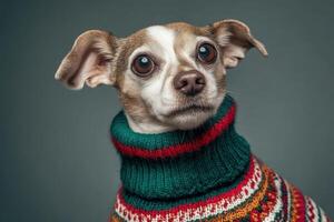 Small dog with large eyes wears a colorful, knitted sweater featuring green, red, and white patterns. The dog gazes attentively towards the camera with ears perked up photo