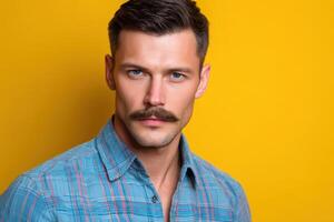 Handsome man with a mustache and short hair wears a blue plaid shirt, looking directly at the camera. He has striking blue eyes and a confident expression photo