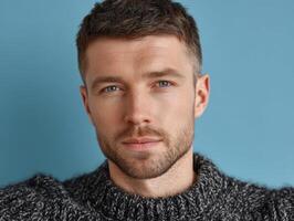 Man with short hair and light beard stares confidently. He wears a textured sweater against a blue backdrop, showcasing bright eyes and a calm expression, suggesting contemporary style photo