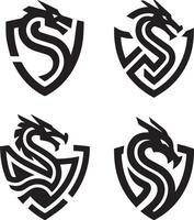 A minimalist logo setwith a sleek, abstract silhouette of a dragon intertwined with a shield. vector