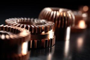 Copper gear-like objects arranged in a row on a reflective surface, displaying intricate teeth and grooves, with a focused lighting effect creating depth and highlights photo