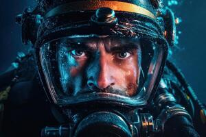 Focused scuba diver wearing a helmet with water droplets and reflections visible on the visor. The expression is intense, with an emphasis on the eyes and underwater equipment details photo