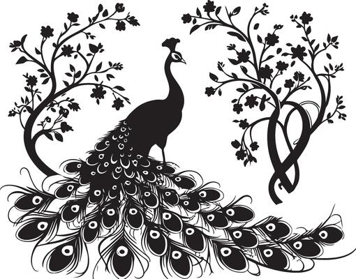 A black silhouette of a peacock Bird and tree