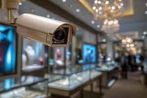 Security camera prominently focused in a high-end jewelry store luxurious interior with chandeliers, glass display cases showcasing jewelry blurred in the background photo