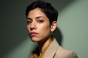 Sharp portrait of a person with a short hairstyle, wearing a plaid blazer and yellow top. Light falls on one side of the face, casting a distinct shadow, expression confident photo