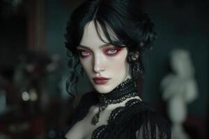 A woman with dark hair and red makeup gazes intensely, wearing an intricate black lace dress and earrings. The atmosphere is mysterious with soft lighting and a blurred background photo