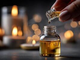Glass dropper above small open bottle filled with golden liquid, blurred candles glow warmly in the background, creating a cozy, soothing ambiance. Hand with delicate fingers holds dropper photo