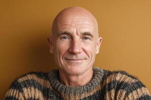 Bald man with a gentle smile, wearing a striped sweater with warm colors. His expression is calm and relaxed, looking directly at the camera with confidence and warmth photo