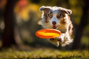 Energetic dog leaping mid-air with ears flapping, intensely focused on an orange frisbee in an autumn setting, with blurred trees in the background for added motion effect photo