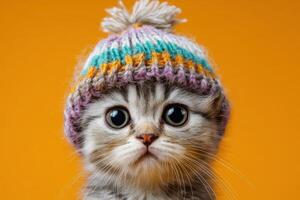Kitten with wide eyes wearing a colorful knitted hat with pom-pom. The striped fur contrasts with the vibrant hat, creating a cute and whimsical appearance without any text present photo
