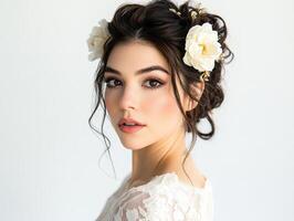 Brunette woman with elegant updo hairstyle adorned with white flowers, wearing lace attire. She gazes softly, showing subtle, natural makeup, with a gentle expression, eyes accentuated photo