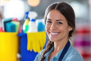 Smiling woman with brown hair in braid wearing blue shirt, standing near cleaning supplies like spray bottles and sponges, out of focus background. No text visible photo