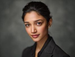 Professional headshot of a woman with dark hair, wearing a black suit jacket. She gazes directly at the camera with a soft expression. The background is a blurred neutral shade photo