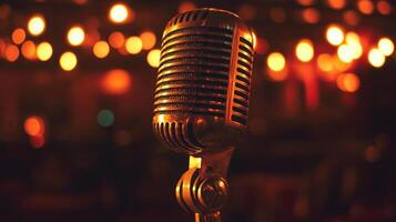 Retro-style microphone in focus with warm, blurred golden lights creating a bokeh effect in the background, evoking a nostalgic music or performance ambiance photo