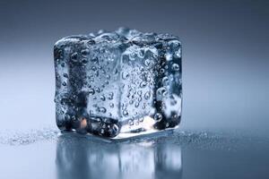 Clear ice cube on glossy surface covered with droplets, reflecting light. Smooth textures and surfaces add depth and detail, creating a fresh, cool, and refreshing aesthetic photo