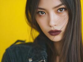 Close-up of a person with long, dark hair and intense gaze. They wear dark lipstick and a black jacket, with hair slightly across their face. Bright background enhances contrast photo