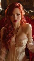 Red-haired woman with elegant curls, wearing a vintage-style corset and transparent sleeves. She is seated on a luxurious red chair, adorned with ornate gold jewelry and a confident expression photo