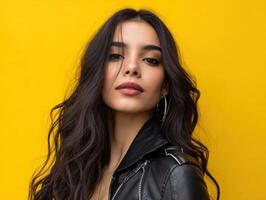 Brunette woman with long hair wearing a black leather jacket, large hoop earrings, and a confident expression. Her hair is styled in soft waves, with a bold lip color and minimal makeup photo
