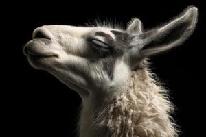 A llama with closed eyes and a serene expression is seen in profile against a dark backdrop. Its fur is soft and fluffy, with contrasting shades creating an artistic appearance photo