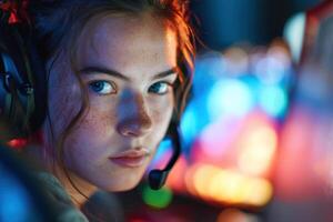 Young woman with headset focuses intently, illuminated by vibrant, blurred, multicolored lights. Her expression is serious, and she is likely engaged in gaming or streaming photo