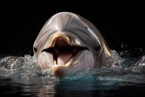contento delfín emerge en broma desde agua con boca abierto, mostrando dientes. salpicaduras rodear el expresivo animal, capturar sus animado y alegre comportamiento en contra un oscuro fondo foto
