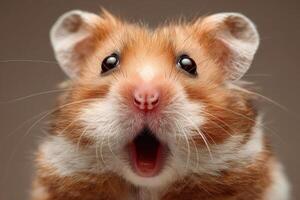An adorable hamster with wide eyes and an open mouth, displaying a surprised expression. The hamster's soft fur is a mix of brown and white, with gentle lighting highlighting its features photo