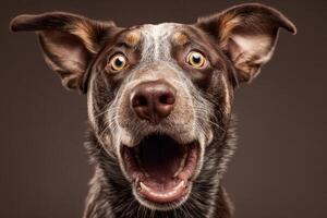 Surprised dog with brown and white fur, ears perked up, wide eyes, and open mouth. The dog's facial expression is animated, capturing attention and curiosity with expressive features photo