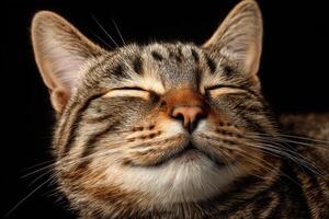 A close-up portrait of a tabby cat with its eyes closed, appearing content and relaxed against a dark background. photo