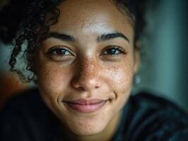 Curly-haired person smiling with freckles and glowing skin, wearing dark clothing. The focus is on the expressive eyes and natural beauty, highlighting a sense of warmth photo