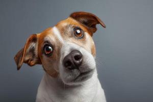 Cute dog tilting head, with brown and white fur, large expressive eyes, and soft ears. It gazes intently with a curious expression against a neutral background photo