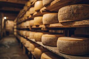 Cheese wheels aging on wooden shelves in a dimly lit cellar. The room has a rustic atmosphere, with rows of stacks leading into a shadowy background, conveying a sense of traditional craftsmanship photo