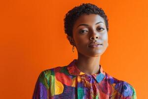 Curly-haired woman in colorful patterned blouse gazes confidently, standing against vivid orange backdrop. Her expression is calm, emanating elegance and modern fashion style photo