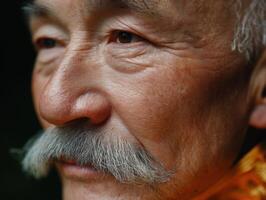 Elderly man with a prominent mustache and a thoughtful expression gazes into the distance. His skin shows age lines, and his solemn eyes convey wisdom and experience, hinting at a rich life story photo