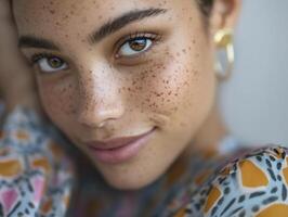 Close-up of a young woman with freckles, smiling gently. She has hoop earrings and a patterned top with colors including orange and gray, and her gaze is directed at the camera photo