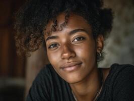 Young person with curly hair smiles warmly, wearing a dark top and earrings. They are standing in a softly lit environment with natural shadows enhancing facial features. Expression is serene photo